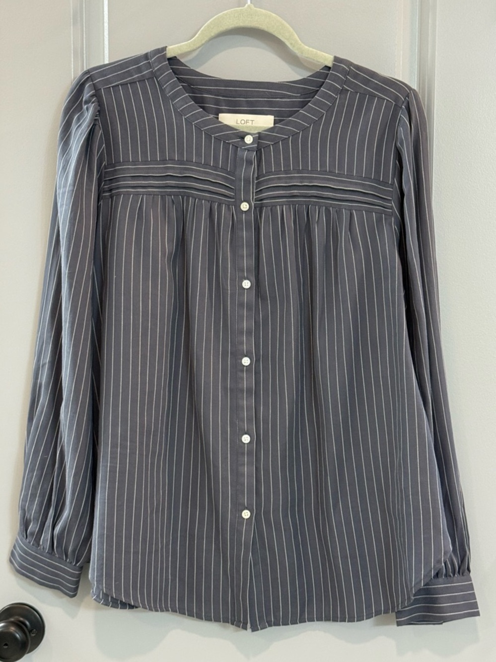 LOFT Charcoal Pinstripe Round-Neck Button-Front Blouse